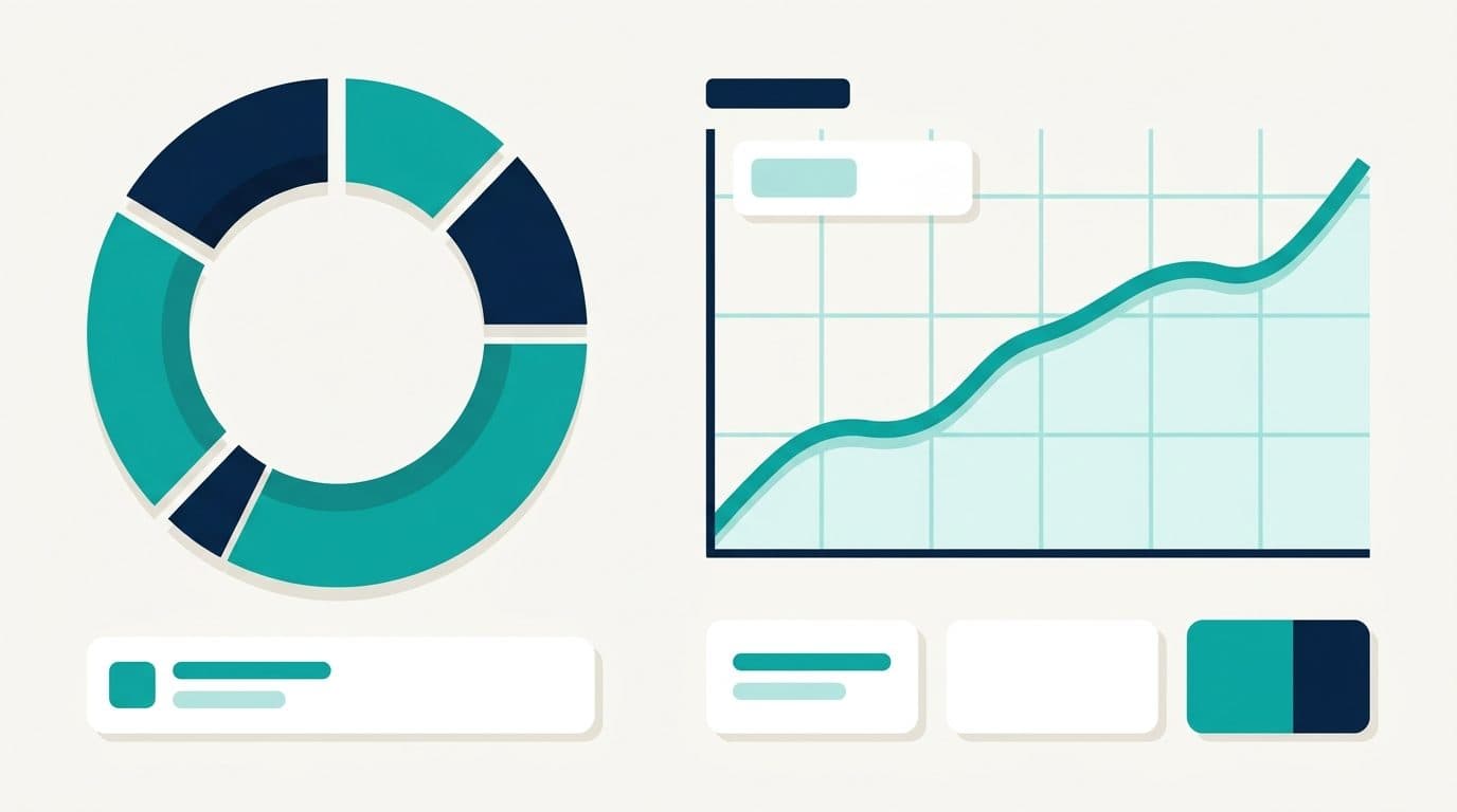 Illustration of a net worth dashboard with allocation and trend charts