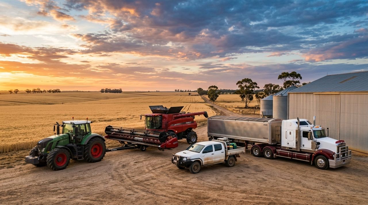 A tractor, header, farm ute and grain truck lined up on an Australian property
