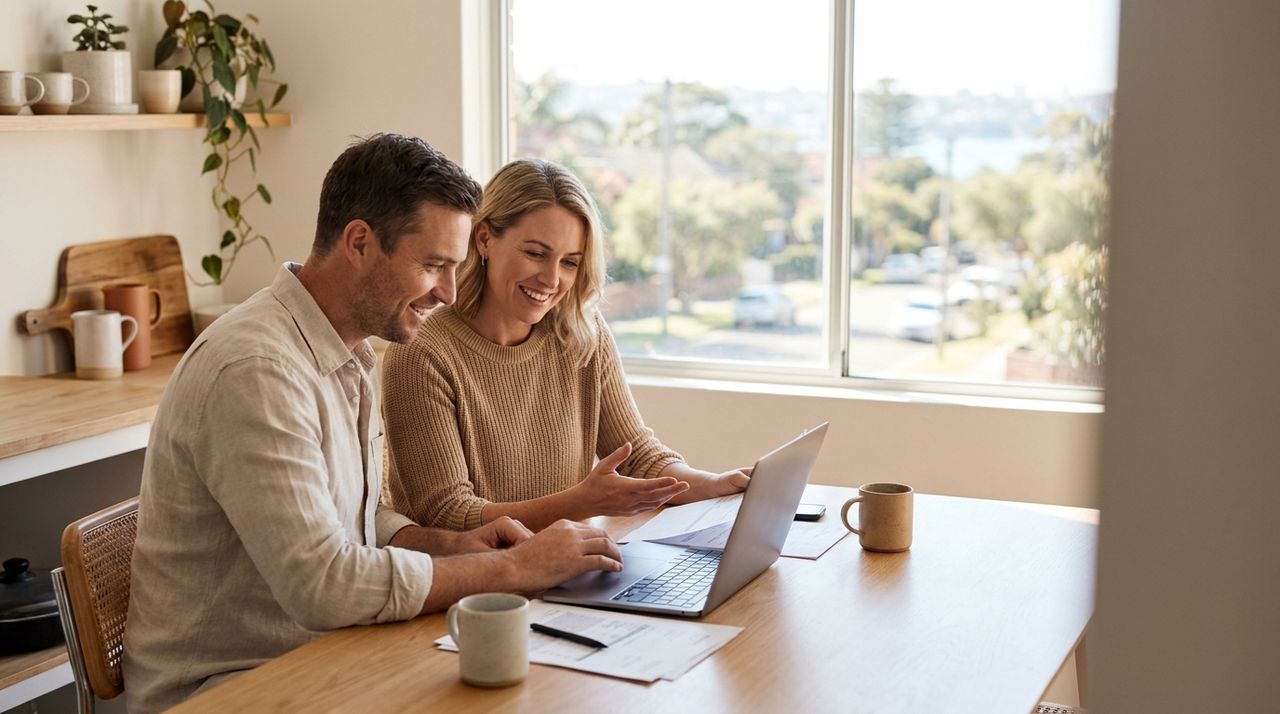 An Australian couple reviewing property finance documents on a laptop at a sunny Sydney kitchen table