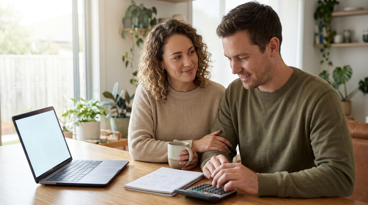 Australian couple working out their home loan borrowing power at the kitchen table