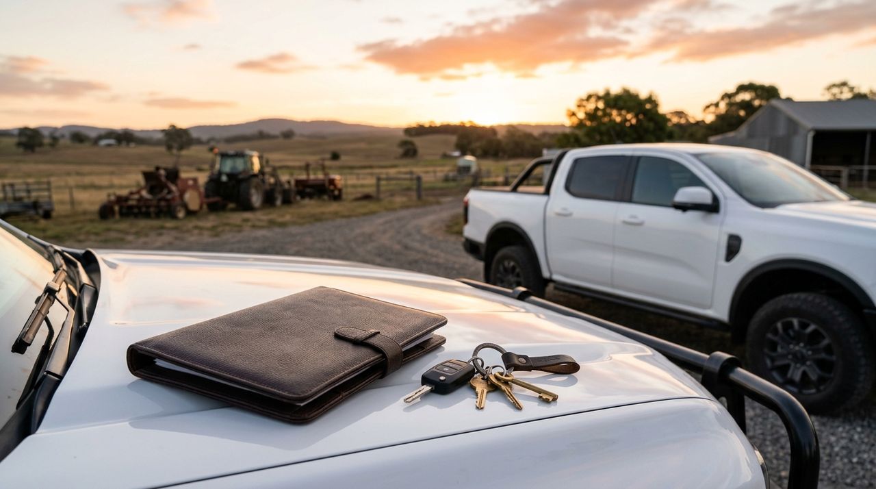 Keys and a document folder on the bonnet of a new farm ute at golden hour