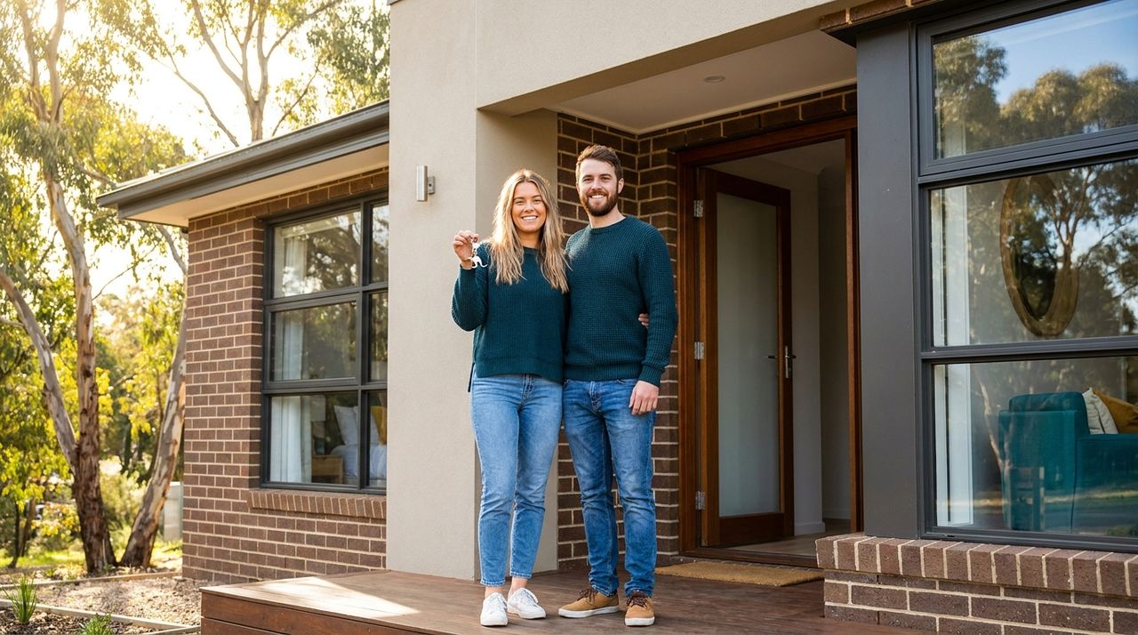 A happy young Australian couple holding the keys to their first home