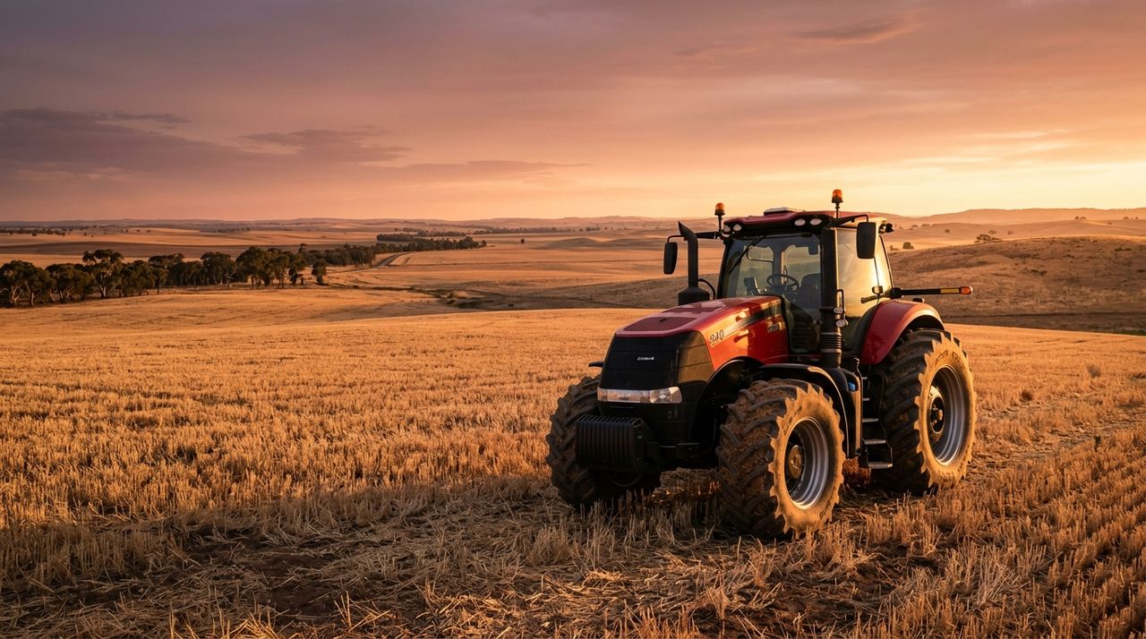 A tractor on golden wheat stubble at dusk in the North West NSW plains