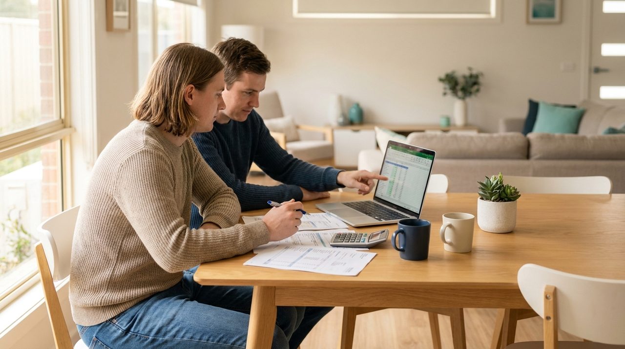 A young Australian couple reviewing home loan options at their kitchen table with a laptop and calculator