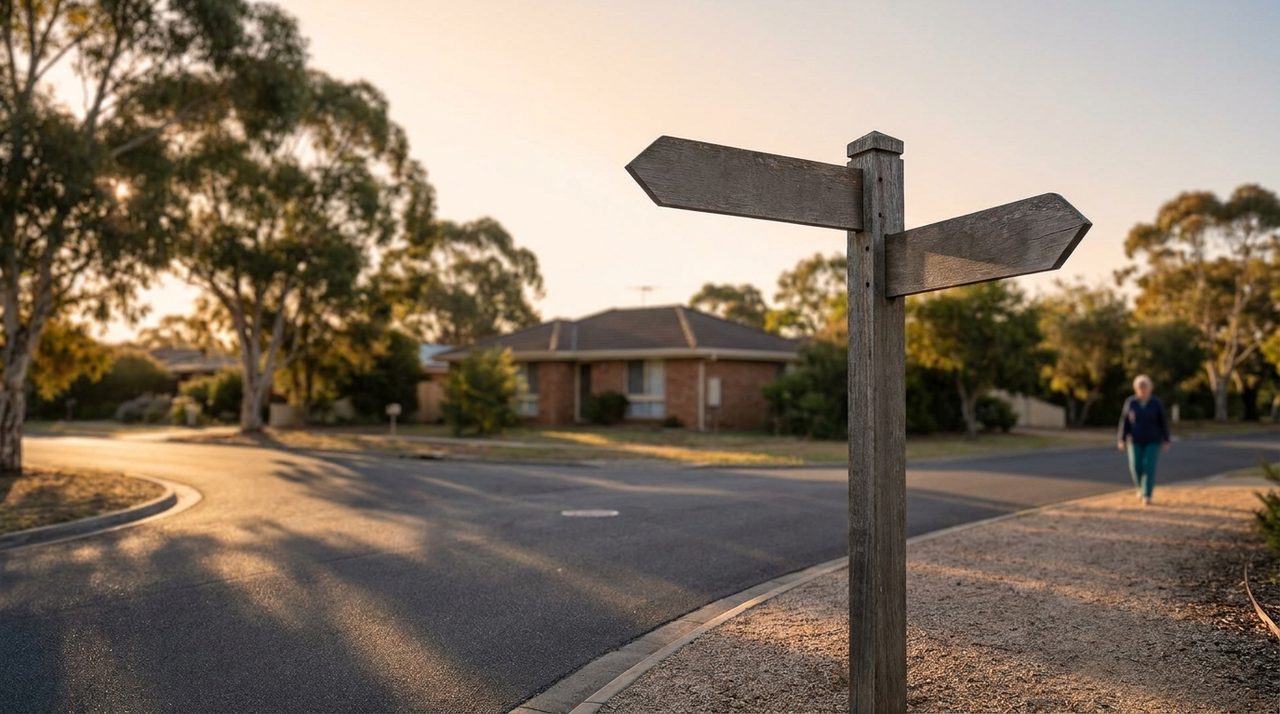 A signpost at an Australian suburban street corner pointing in two directions, a metaphor for the fixed versus variable decision