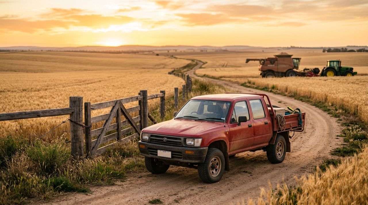 A farm ute by a paddock gate with machinery behind and an open road ahead at golden hour