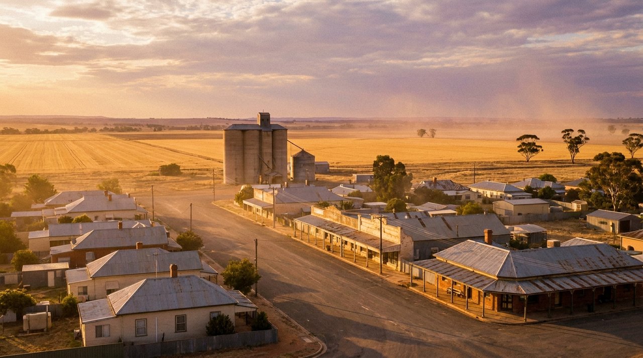 A North West NSW country town at golden hour with grain silos and wheat paddocks stretching to the horizon