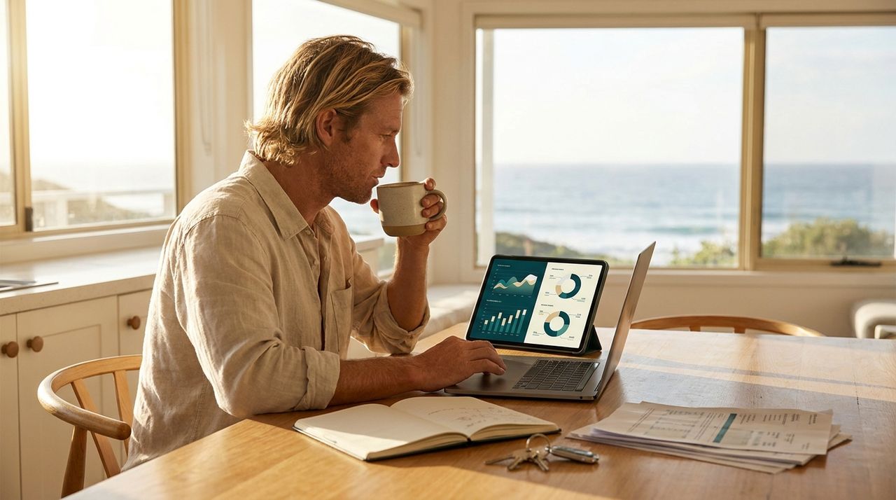 An Australian property investor reviewing a net worth dashboard on a laptop at home