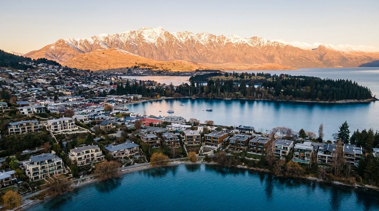 Aerial view of Queenstown, New Zealand, with lakeside homes and the Remarkables mountain range