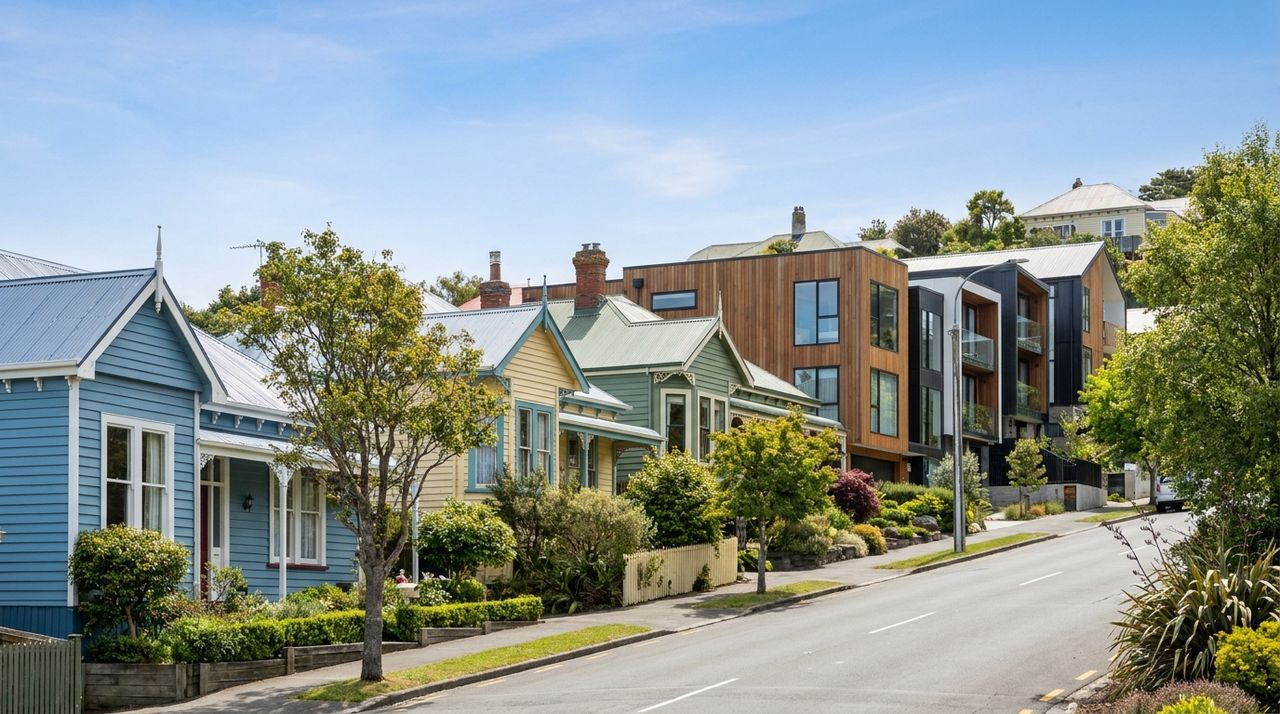 Regional New Zealand street with character villas and new-build townhouses