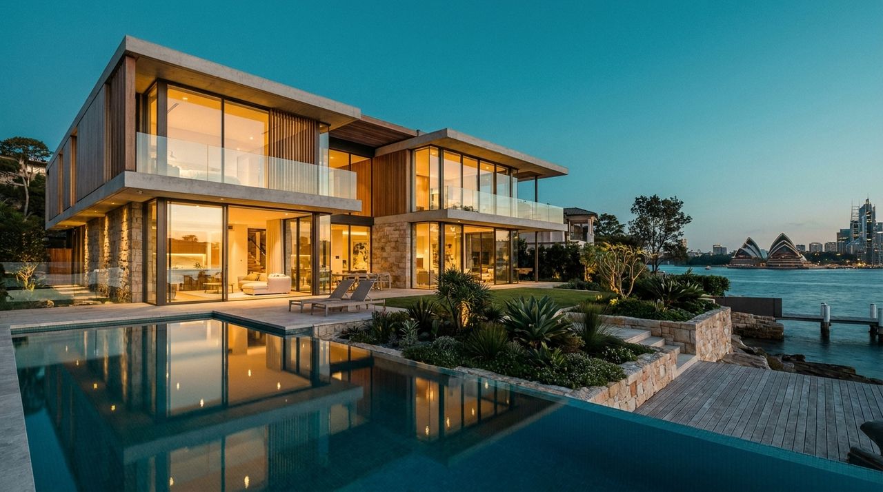 A prestigious modern waterfront residence in Sydney at dusk