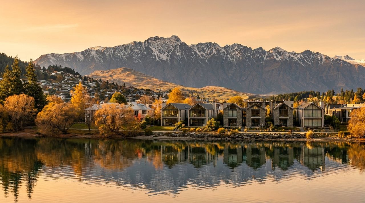 Queenstown New Zealand at golden hour with lakeside homes on Lake Wakatipu and The Remarkables mountain range behind