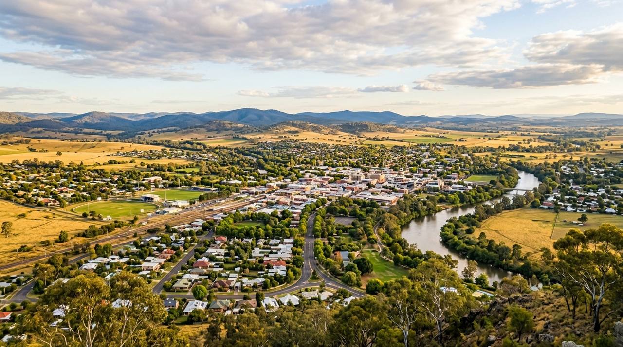 Aerial view of Tamworth NSW in its river valley surrounded by farmland and hills at golden hour