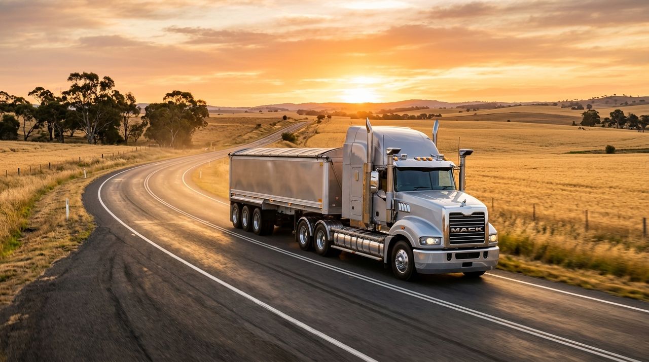 An Australian prime mover with a grain tipper on a country highway at sunset