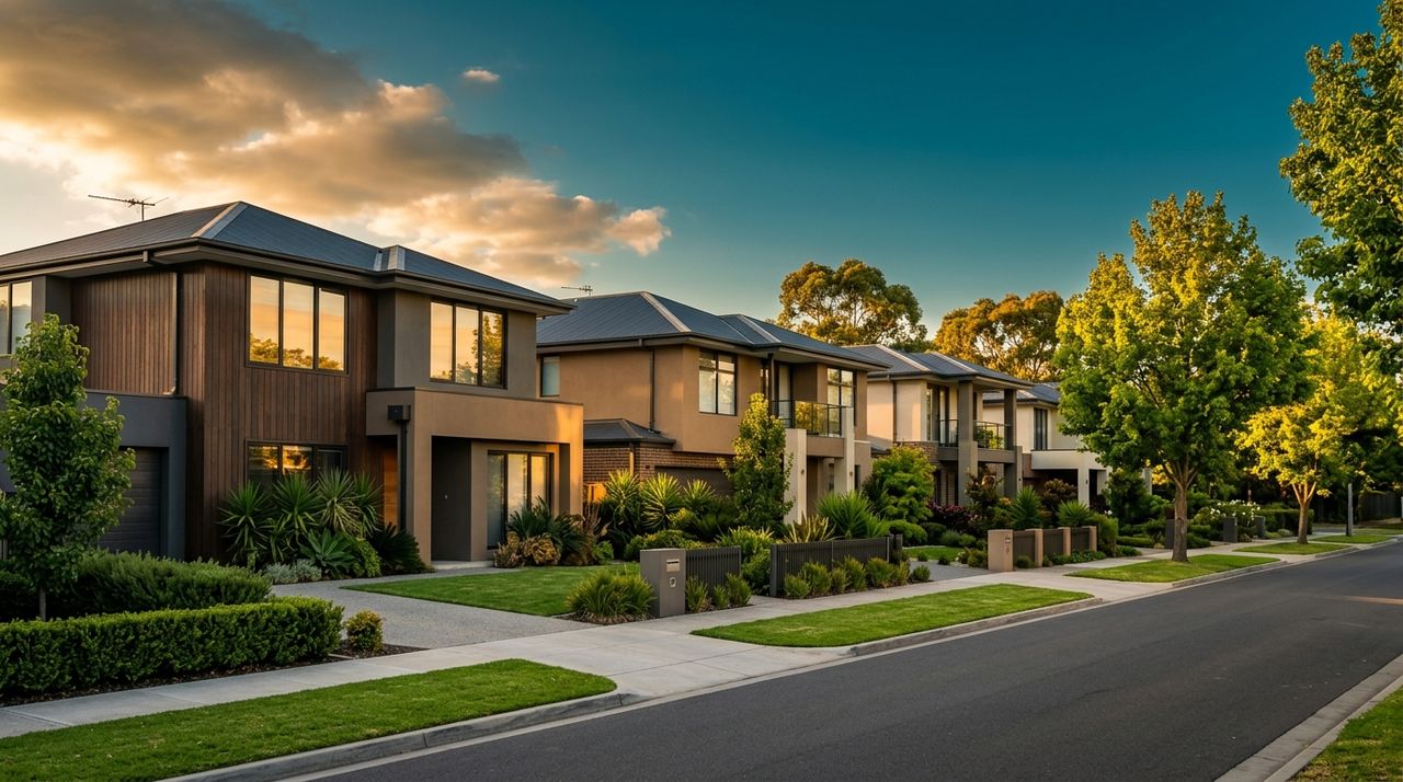 A row of modern Australian suburban investment houses at golden hour