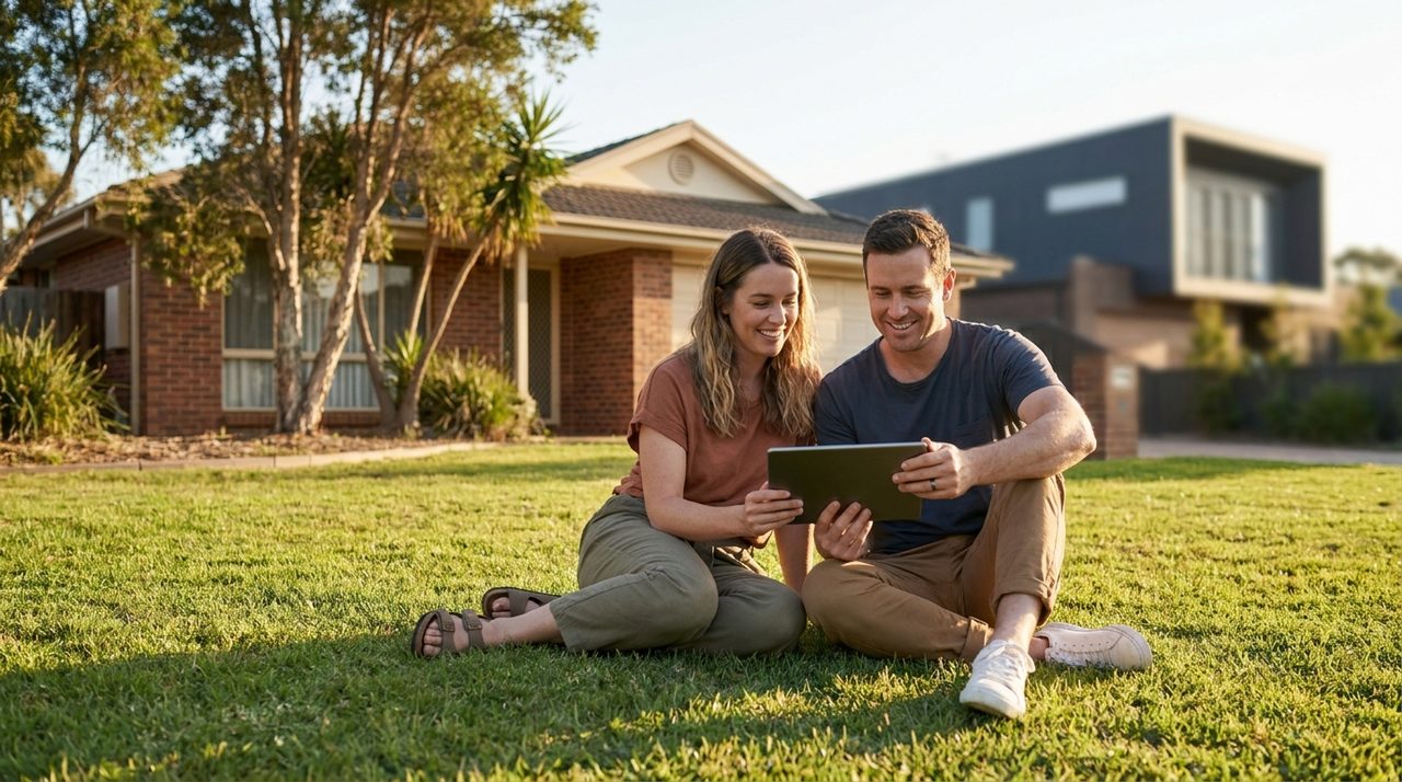 Australian couple reviewing their property portfolio on the lawn of their home at golden hour